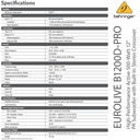 BEHRINGER B1200D-PRO Especificaciones  Subwoofer PA Activo 12" 500 W