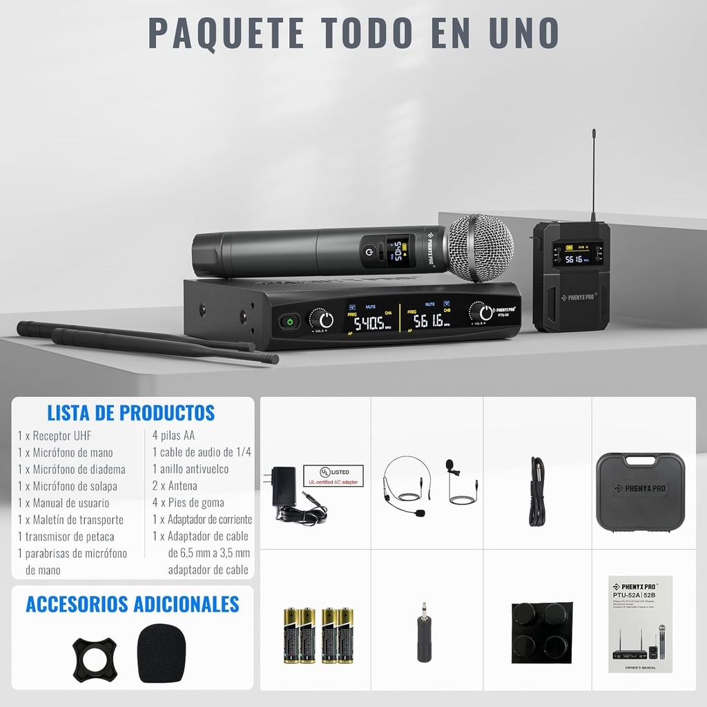 PHENYX PRO PTU-52B MICROFONO INALAMBRICO Set Mano Headset y Balita UHF 2 Canales