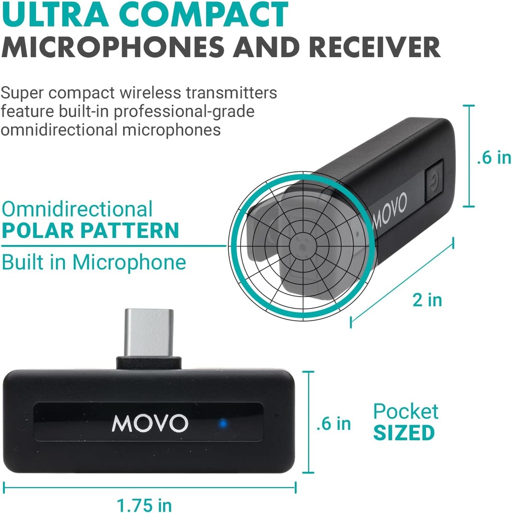 MOVO WIRELESS MINI-UC DUO 2 Micrófonos Inalámbricos 1 receptor para teléfonos Android podcasts, Gaming, Twitch, YouTube, Discord