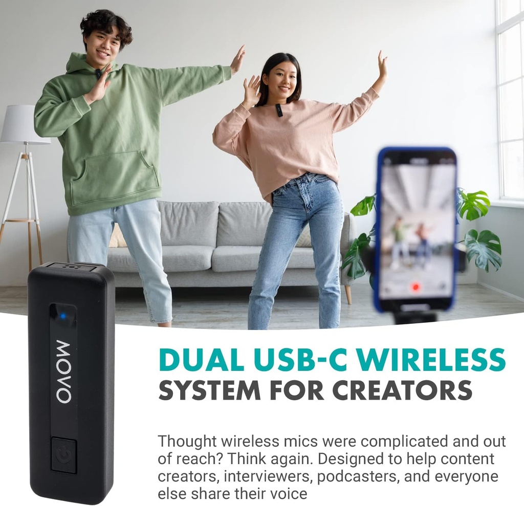 MOVO WIRELESS MINI-UC DUO 2 Micrófonos Inalámbricos 1 receptor para teléfonos Android podcasts, Gaming, Twitch, YouTube, Discord