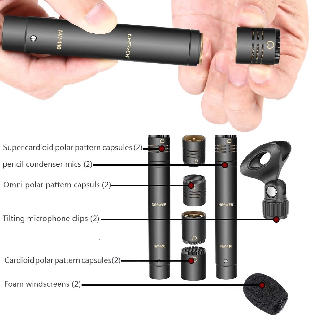 NEEWER NW-410 Micrófonos Cardiode de Condensador Instrumentos Musicales Batería SET 2 Piezas