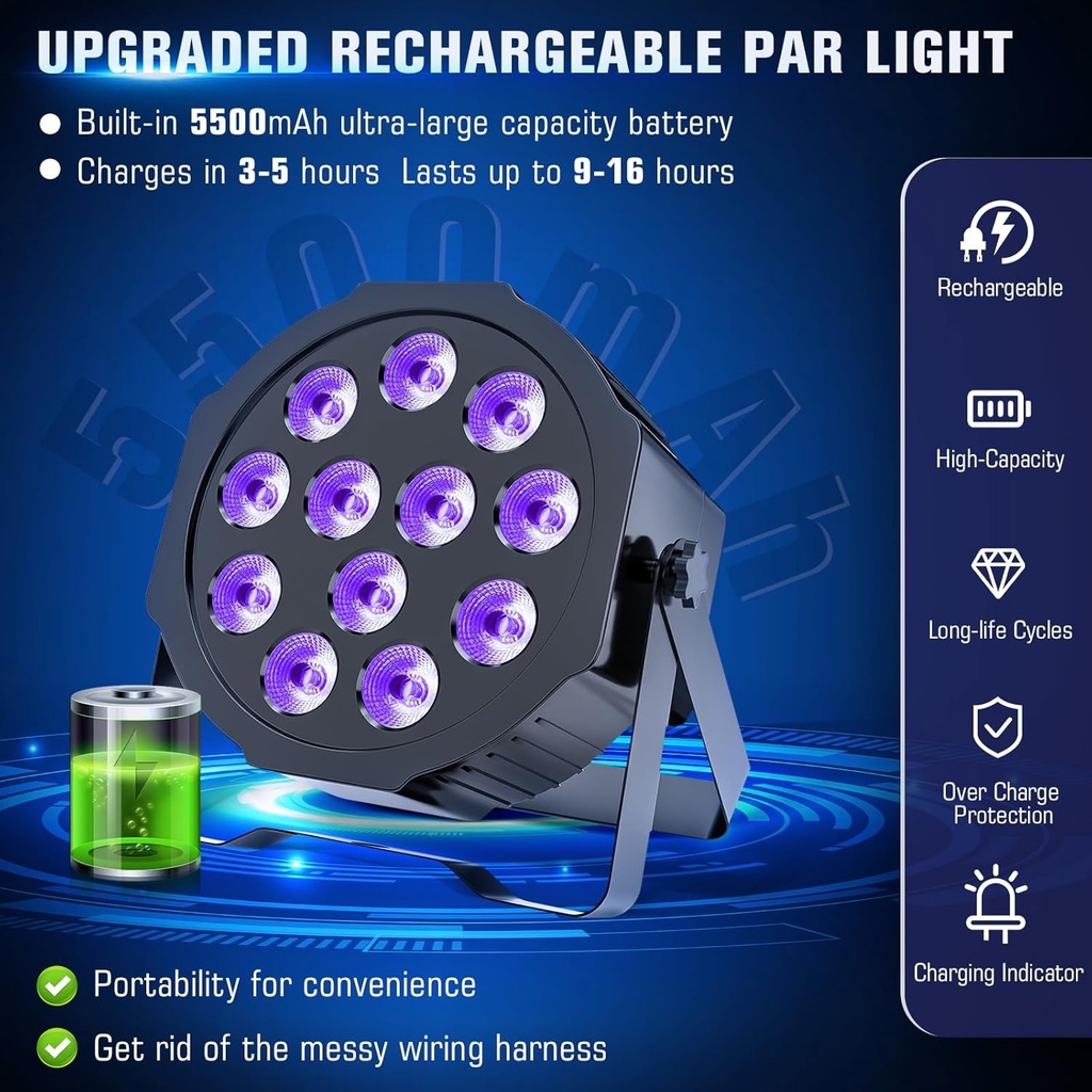 HOLDLAMP  ZQ-01494 LUZ PAR 36W RGBWA+UV 6in1 DMX  LED 12x 3W Con Batería Recargable