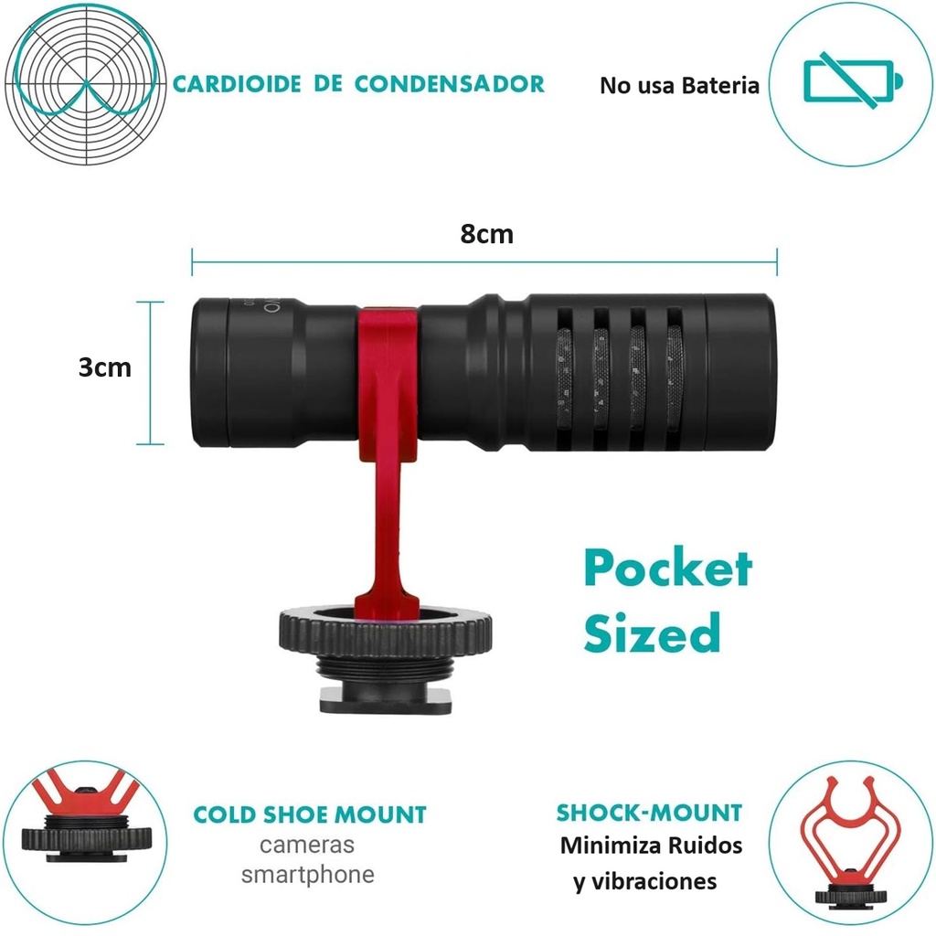 MOVO VXR10 Micrófono Universal De Escopeta Compatible con cámaras y teléfonos Smartphone DSLR, iPhone y Android.