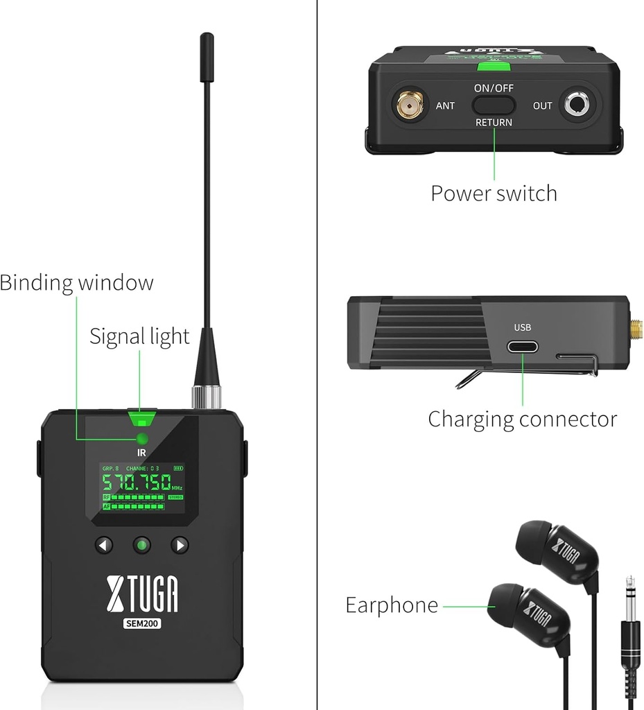 XTUGA SEM-200-2 In-Ear Doble Belt-Pack Monitor personal de Oído Inalámbrica