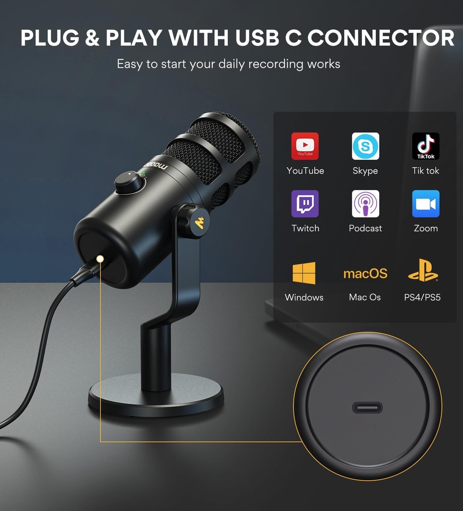 MAONO PD100U Micrófono De Estudio Dinámico USB para Podcast Con Pedestal de Mesa