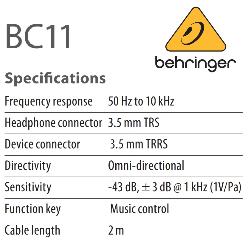 BEHRINGER MICROFONO MINI OMNIDIRECCIONAL CON CABLE 2MT TRS A TRRS