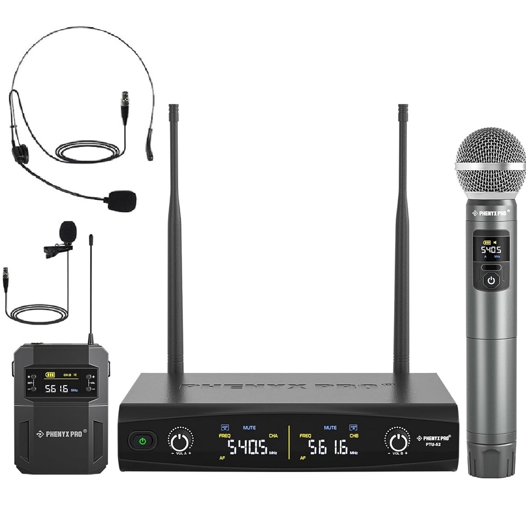 PHENYX PRO PTU-52B MICROFONO INALAMBRICO Set Mano Headset y Balita UHF 2 Canales