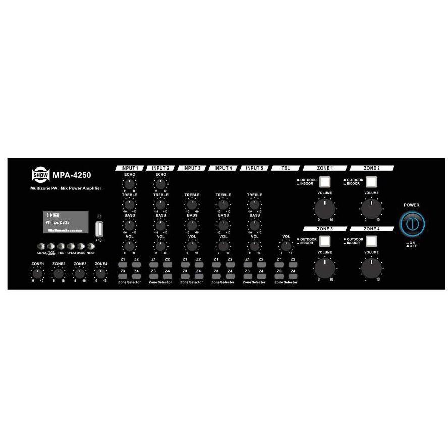 SHOW SEIKAKU MPA-4150 Amplificador Linea 70V-110V, 4 Zonas x 150W, Mezclador MP3+FM+BT