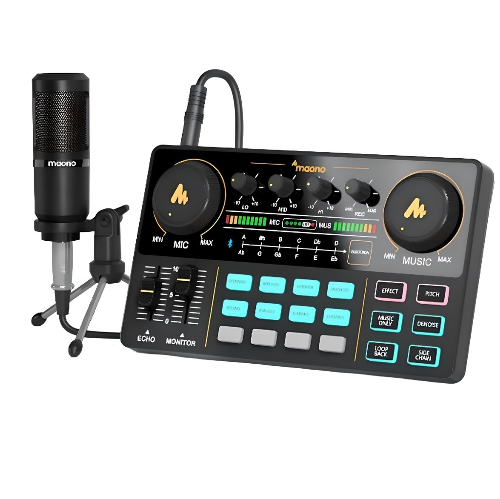 MAONO AU-AM200-S1 Consola de podcast con interfaz y micrófono dinámico XLR con mini pedestal