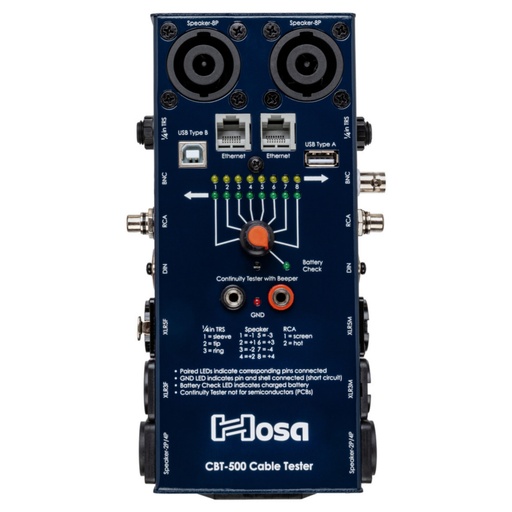 [CBT-500] HOSA CBT-500 TESTER PROBADOR CABLE SPEAKON XLR TRS RCA DIN Ethernet GND